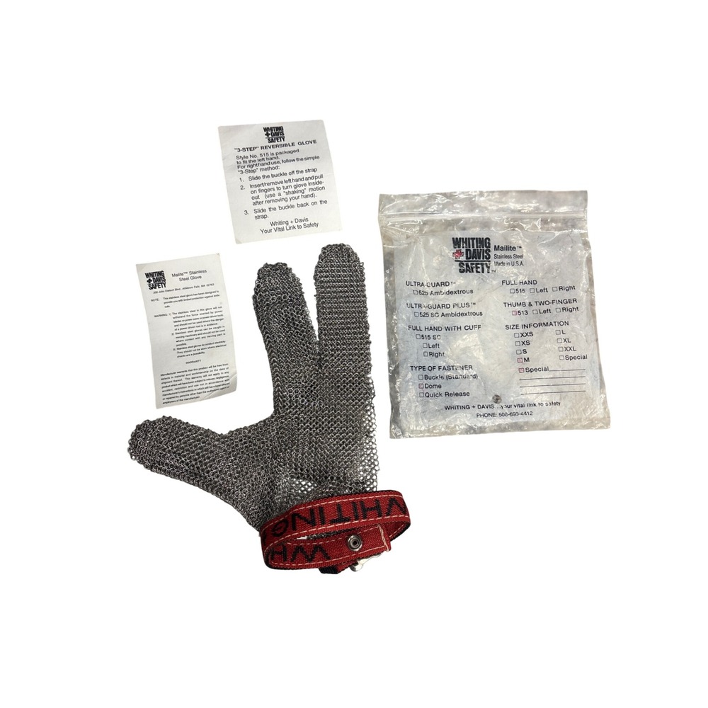 Whiting Davis 513 Mailite Stainless Steel Mesh 3-Finger Safety Glove Size M - Picture 2 of 8
